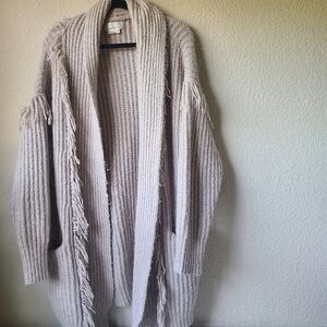 Anthropologie Amanza Fringed Cardigan Sweater Taupe Size XXS